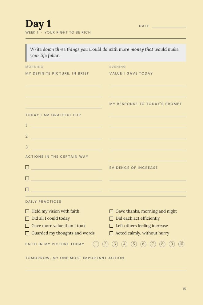 Day 1 page with sections for gratitude, actions in the Certain Way, daily practices and evening reflection.
