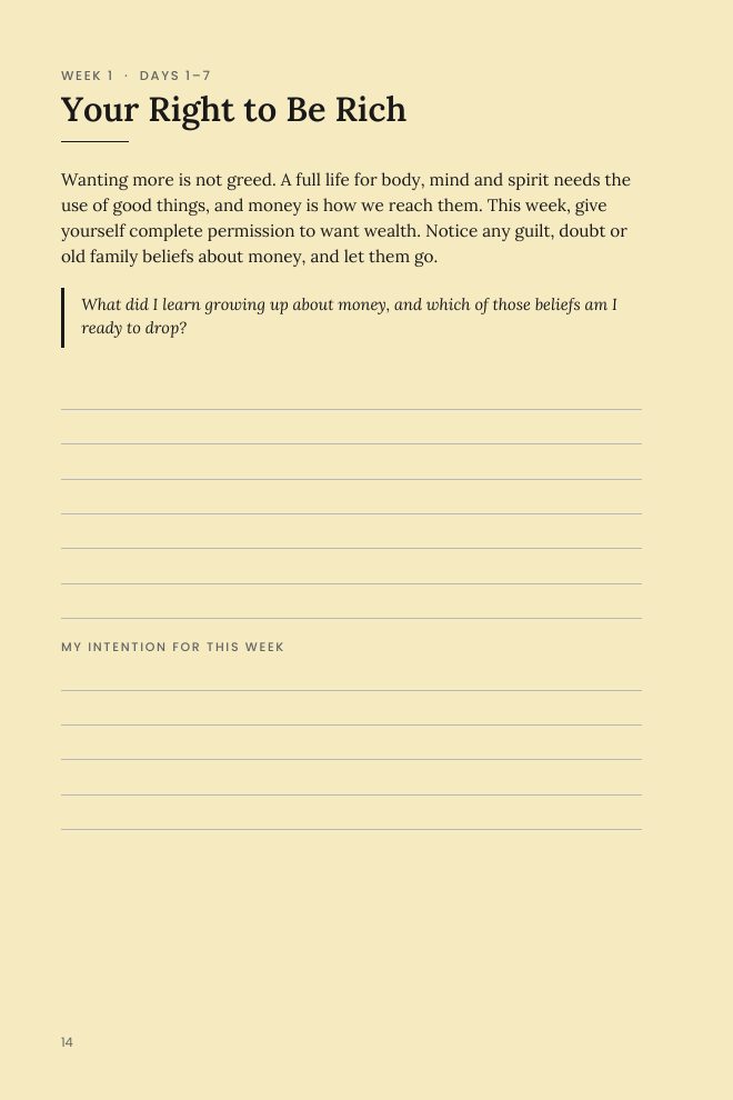 Week 1 lesson page titled Your Right to Be Rich, with a reflection question and lines for writing.